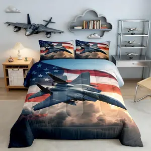 Feelyou Fighter Jet Kids Comforter Set - Microfiber, Polyester Fiber Bedding with Military Plane Duvet Insert, Rustic American Flag Quilt, Multi-Size, Travel Ready Bedroom Decor for Boys, Airplane Blanket, Microfiber Blanket