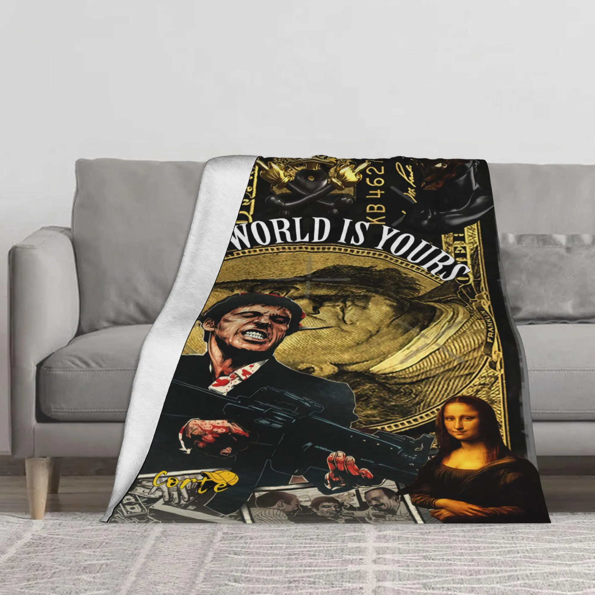 Multi‑Size Scarface The World Is Yours Collage Art Fleece Blanket, Medusa Mona Lisa Vintage Gangster Movie Print Soft Blanket, Warm Lightweight Cozy Bed Sofa Couch Travel Blanket, Home Decor Gift for Retro Movie Hip‑Hop Style Fans