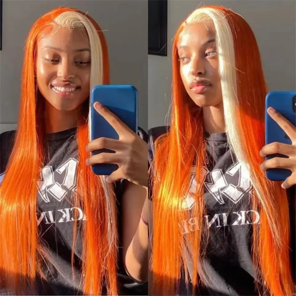 Orange Blonde Straight Synthetic Lace Front Wig for Women Long Straight Glueless Synthetic Lace Wigs Pre Plucked with Baby Hair Heat Resistant for Daily Wear for Halloween 28 Inch Mother's Day Gift