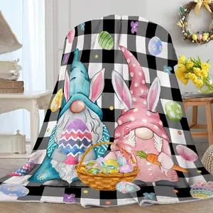 Easter Blanket 50" X 60", Gnome Easter Throw Blanket Decorations for Home, Black and White Buffalo Pattern Blankets Decor