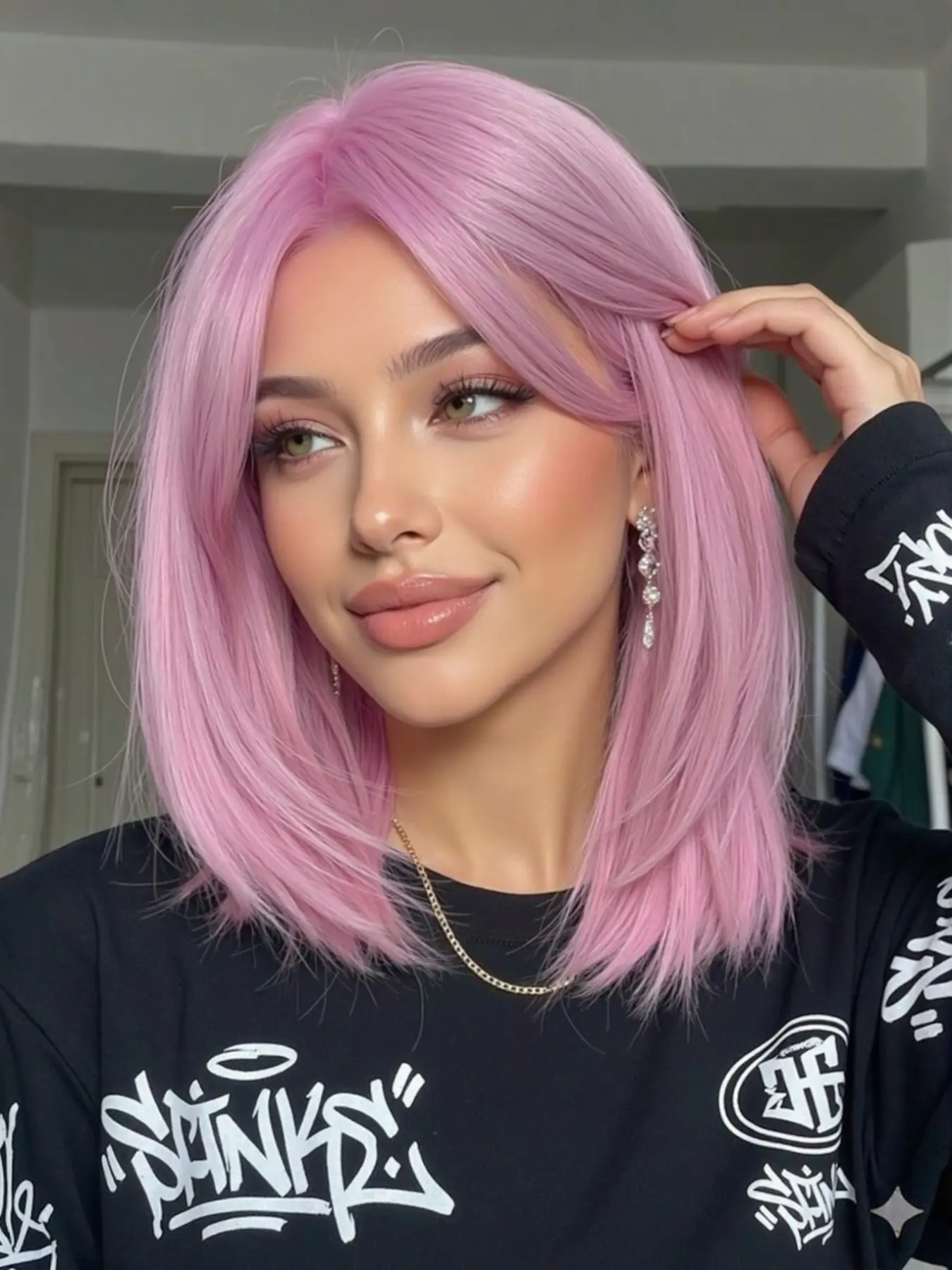 Pink wig with Bangs, 14 Inch Straight Hair, Full Head High Temperature Resistant, Fashion Casual Women's Wig, Straight Synthetic Wig, All Seasons, Synthetic Hair Wigs