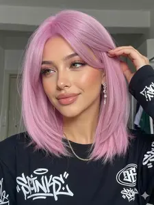 Pink wig with Bangs, 14 Inch Straight Hair, Full Head High Temperature Resistant, Fashion Casual Women's Wig, Straight Synthetic Wig, All Seasons