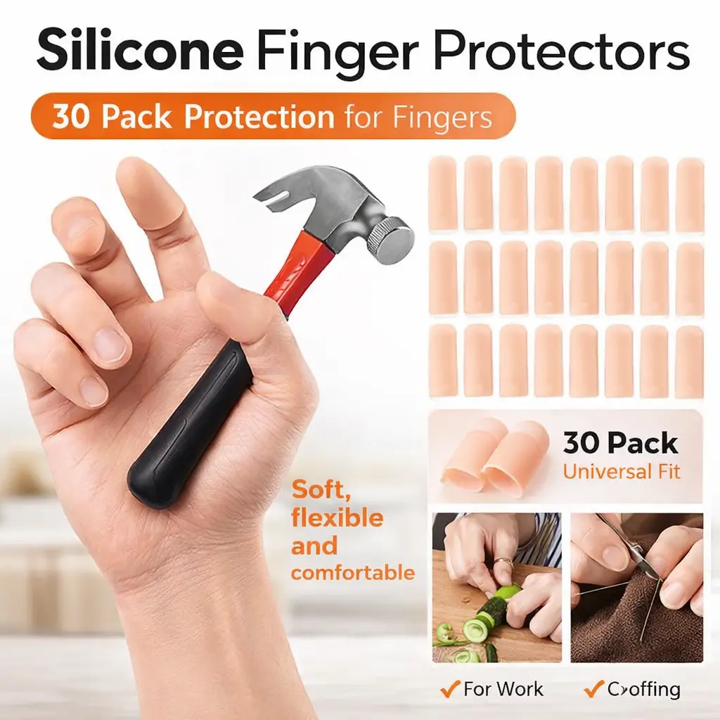 30Pcs（6Set）) Eco-Friendly Flexible Silicone Gel Finger Cots - 2 Sizes Slip-On Thumb Protectors for Adults, Box-Included Kitchen Cleaning & Crafting Guard Against Cuts, Calluses, Cracks, Corns (Nude), Protection, Mom