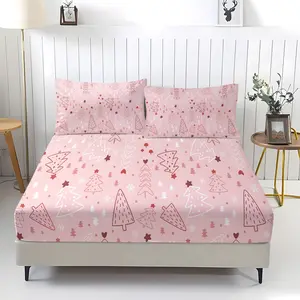 3-piece set of Cute Christmas Tree Pattern bed sheets, including 1 bed sheet and 2 pillowcases, with anti slip and dust-proof covers suitable for bedrooms and daily holiday, birthday, and gift giving occasions