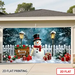 2D Door Banner Large Winter Snowman Scene Garage Door Banner with Snowman, High Top Hat and Pointed Stake Fence - Suitable for Christmas, New Year, Valentine'S Day - Durable All-Weather Material, Easy to Tear Background, Suitable for Doors, Walls,