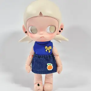 1/8 Articulated Doll Outfit — Baby Blue Sleeveless Knit Top + Denim Orange Print Short Skirt Two-Piece Set, Retro Collegiate Style Interchangeable