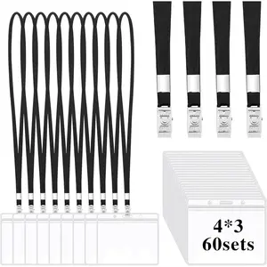 60 Pack Clear Name Tags Holder and Lanyards, Reusable Lanyard with Horizontal ID Badge Holder Bulk Lanyards with Clip for Id Badges(Black)