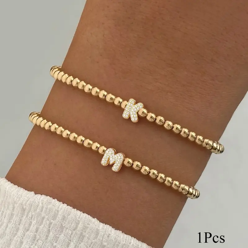 Elegant Zircon Letter Jewelry Bracelet for Women, Casual Style Beaded Wristband, All-Season Accessory, Plated Copper Chain, No Choking Hazard, Zircon Inlaid Bracelet