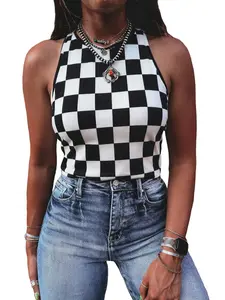 Women's Summer Fashion Chessboard Colorblock Print Slim Fit Vest Top | Sexy Plaid Check Sleeveless Round Neck Crop Top | Elegant Gingham Pattern Stretch Breathable Fabric | Stylish Casual Everyday Layering Wear