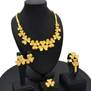 Indian Gold Plated Jewelry Set For Women African Bridal 24K Golden Necklace Earrings Set Dubai Nigerian Wedding Wholesale