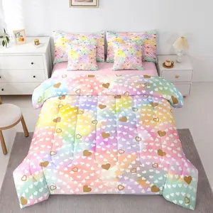 Rainbow Hearts 7 Piece Bed in A Bag Comforter Set,Gold Heart Bedding Set for Girls Kids Valentine Love Geometric Sheet Set with Comforter Love Heart Quilt Duvet