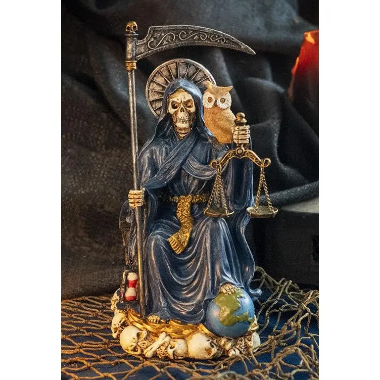 Seated Blue Santa Muerte With Scythe Scales of Justice And Wise Owl Figurine 9"H