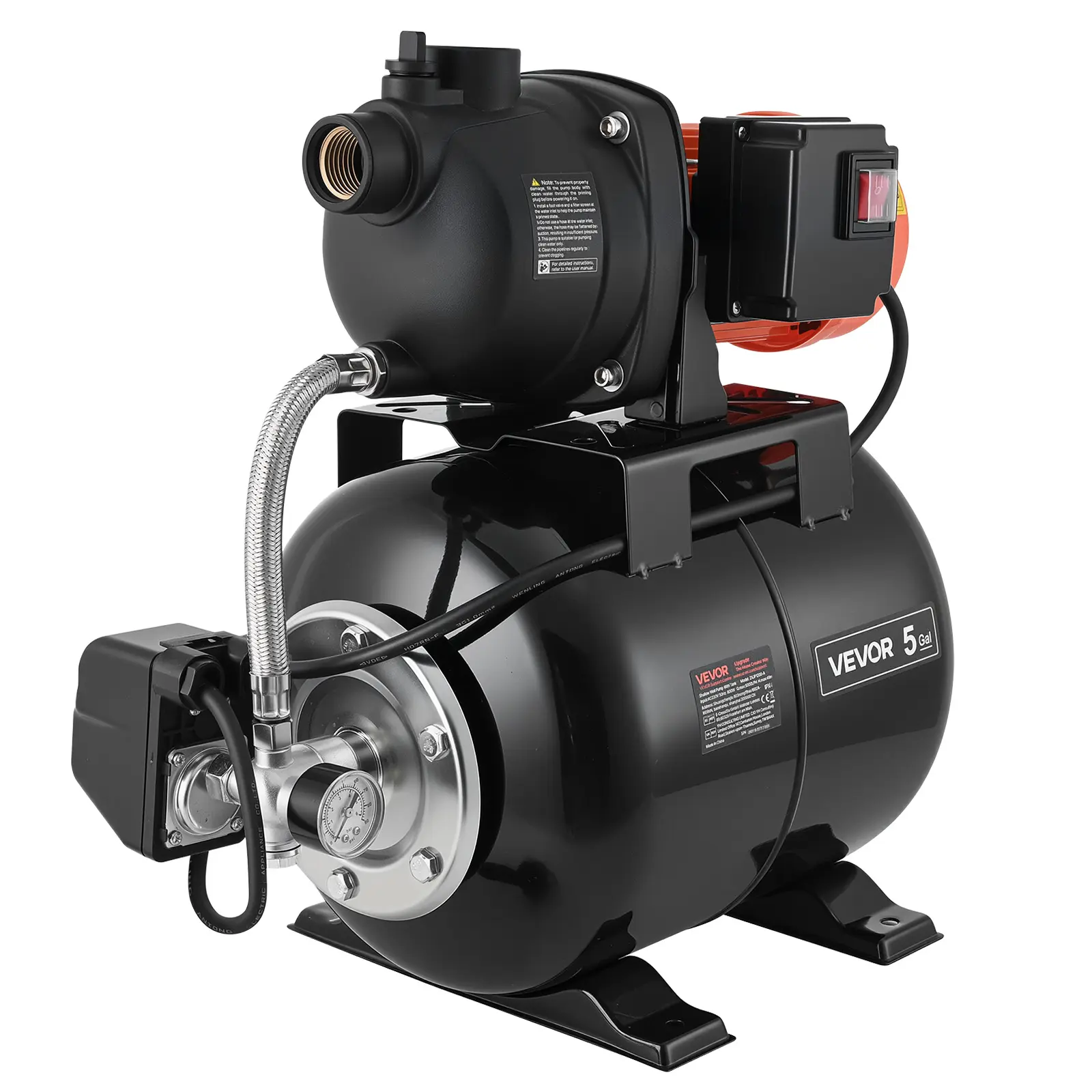 【summerfinds】VEVOR 1.1 HP Shallow Well Pump with Pressure Tank, 120V 1320 GPH, Plastic Irrigation Jet Pump with 5-Gal Tank, Automatic Water Booster Transfer System, 20/40 PSI Pressure Switch, for Home Garden Lawn, Pressure Gauge