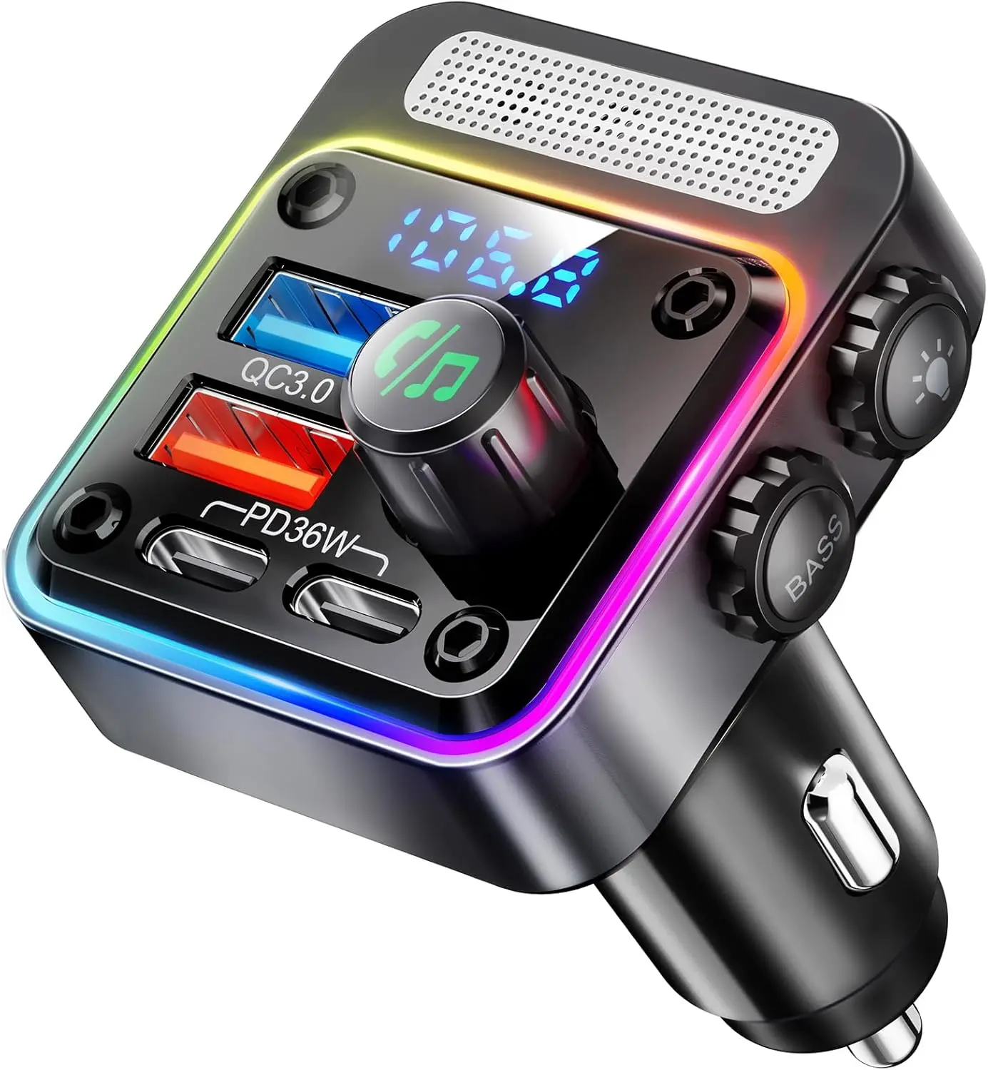 Bluetooth 5.3 Car Adapter Charger 54W 4-Port Fast Charging PD36W and QC3.0 18W Wireless Radio FM Transmitter with Deep Bass Player LED Backlit Hands Free Calling and USB Drive Support Vehicle Audio Adapter for Smartphones and Tablets