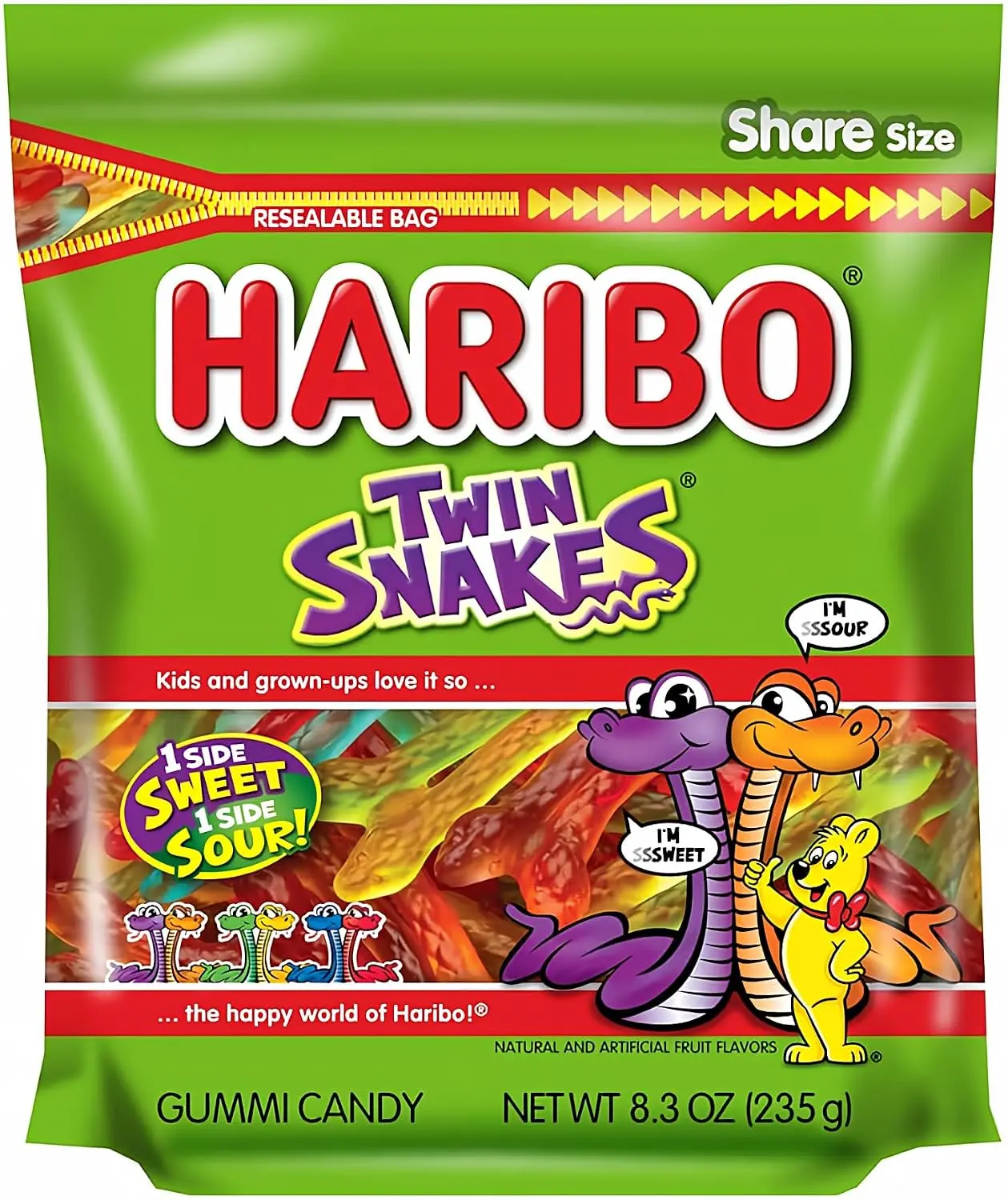 HARIBO Twin Snakes Sweet & Sour Gummy Candy, 8.3 oz. Resealable Bag | Sweet and sour twin gummy snakes in cherry, orange, apple, lemon, blueberry, and blackcurrant. Pull apart or eat whole! Snack Bite