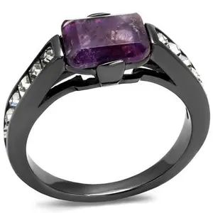 212 MAIN Women's Amethyst Crystal Ring - IP Light, Black Stainless Steel, Size 8
