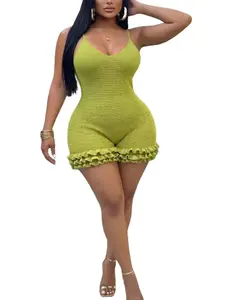 Plus Size Women's Olive Green Summer 70's Party Vacation Holiday Elegant Spaghetti Strap V-Neck Crochet Fitted Mini Dress, Ruffle Hem Dress