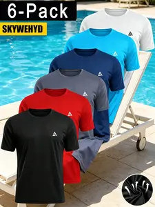 6-Pack Quick-Dry Short Sleeve T-Shirts, Summer Sports Training Tops, Breathable Sporty Crew Neck Shirts, Workout Sportswear, Workout Activewear, Quick Drying Top, Ideal for Running, Basketball, Football, Cycling