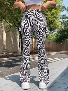 Women's High Waist Geometric Pattern Flare Pants, Fashion Casual Zebra Striped Block Style, Long Regular Fit