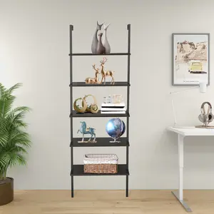 5-layer wall-mounted household steel-wood shelf, density board, iron frame, 61*30.5*182.88cm, black walnut color board,