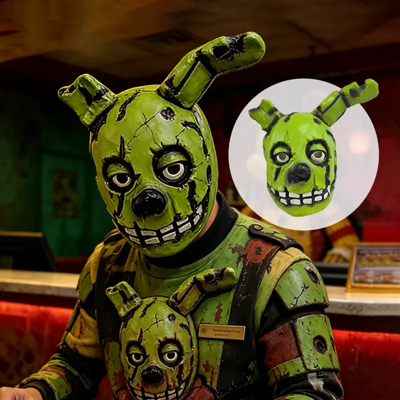 Adult FNAF Springtrap Full Face Latex Mask - Creepy Spooky Cracked Green Rabbit Party Prop, Soft Breathable Natural Latex, Lightweight Breathable Fit, Detailed Eyes, Durable Slip-On, Ideal for Halloween Cosplay, Gift
