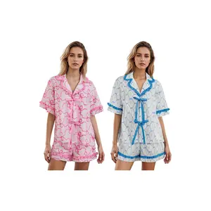 Women 2 Piece Pajamas Set Bow/Flower Print Tie Front T-Shirt and Elastic Shorts for Loungewear Soft Sleepwear