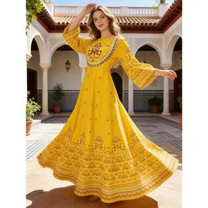 Women's Smooth Boho Floral Embroidered A-Line Loose Slim 3/4 Lantern Sleeve Dress, Lightweight Breathable Soft Fabric Midi Dress for Summer, Flattering Casual Vacation Outfit