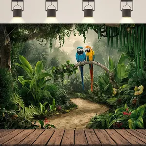 1pc 2D Flat Vibrant Jungle Safari Party Banner - Lush Tropical Parrot & Foliage Design, Polyester Photo Backdrop for Home Decor, Room Wall Decoration, All-Season Garden Party Supplies, Garden Ba Ornaments White