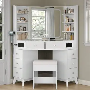 Modern Corner  Desk  Mirror & Lights, Glass Top Makeup   Bluetooth Speaker, 8 Drawers, 6 Shelves, 3-Color Lighting, Dressing Table  Chair, White with Vanity dining wooden