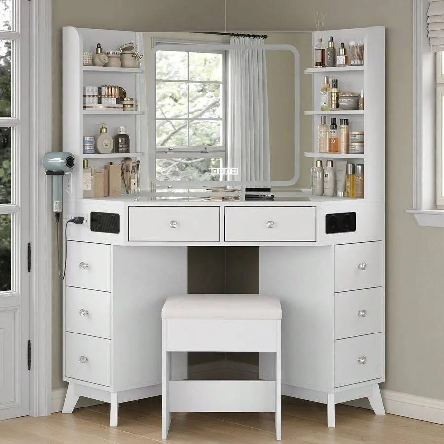 White Corner Vanity Desk with Sturdy Wooden Frame, Adjustable 3-Color Lighting, Glass Top, Bluetooth Speaker, 8 Drawers, 6 Storage Shelves & Dressing Chair, Mdf Wood