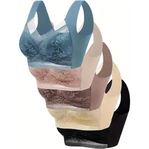 lingerie 5 Pcs Comfy Floral Lace Wireless Bralette Bra, Full Coverage Push Up Intimates, Breathable Women's Lingerie & Underwear