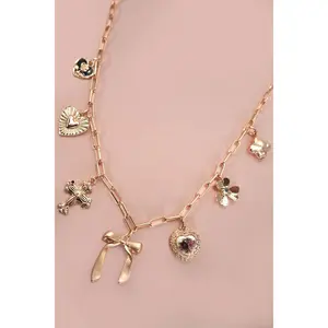 CHARM NECKLACE-PORCELAIN FLORAL BOW CROSS HEART