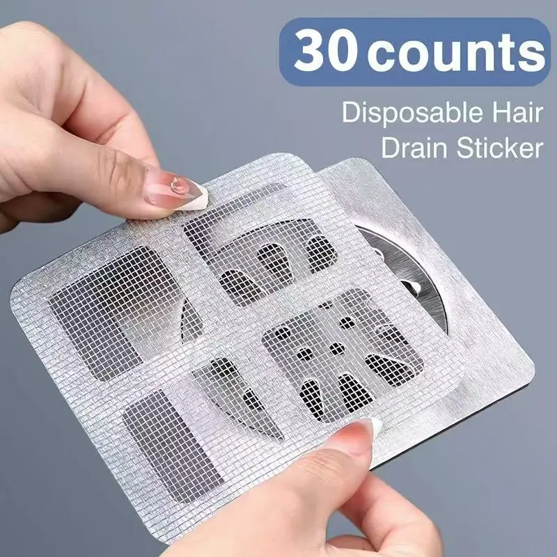 30 pieces disposable shower drain covers, hair catcher (square design), flat shower drain mesh stickers, suitable for bathrooms, laundry rooms, bathtubs, and sinks.