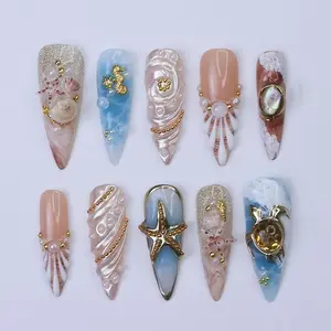 Summer Press On Nails with 3D Turtle & Starfish, Ocean Inspired Fake Nails in Long Almond Shape, Handmade Nail Art for Beach Vacation, Resort Style, Birthday Gift for Her, Reusable Press Ons