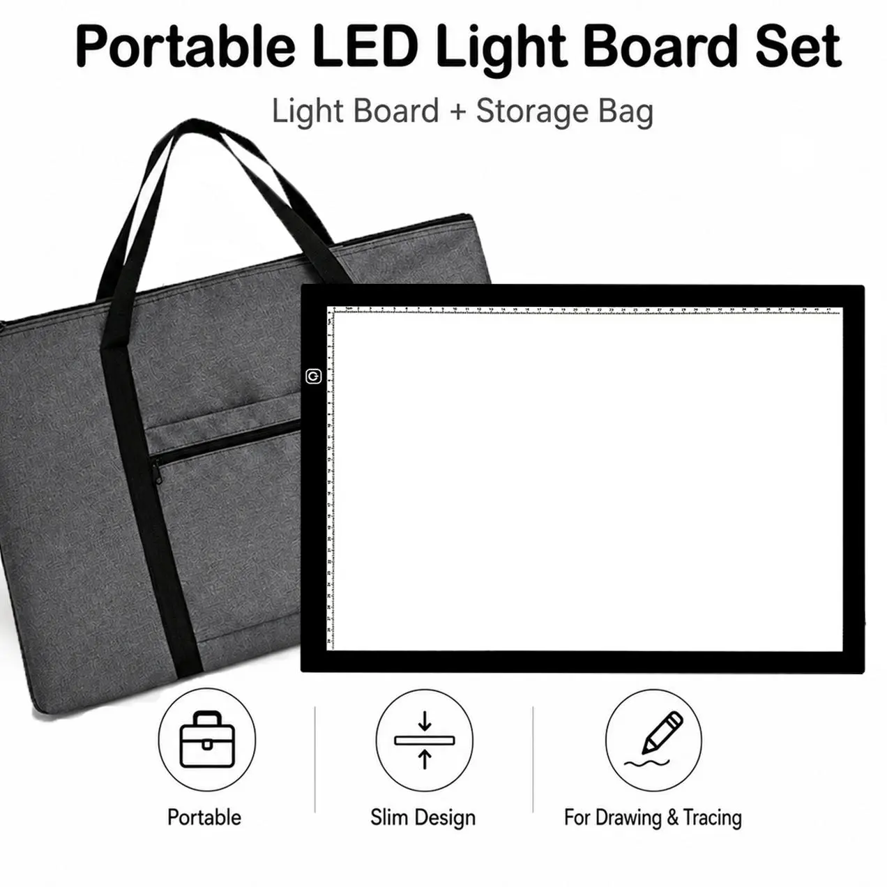Portable LED Tracing Light Board Set with Storage Bag, 14x10.2in Slim 0.2in Light Pad with Scale Markings, Even Brightness for Drawing, Writing, Diamond Painting (Art Supplies for Office & Creative Crafts) Alignment Ideal Calligraphy