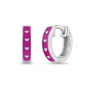 Pink Hearts 8mm Kids / Children's / Girls Earrings Hoop/Huggie Enamel - Sterling Silver