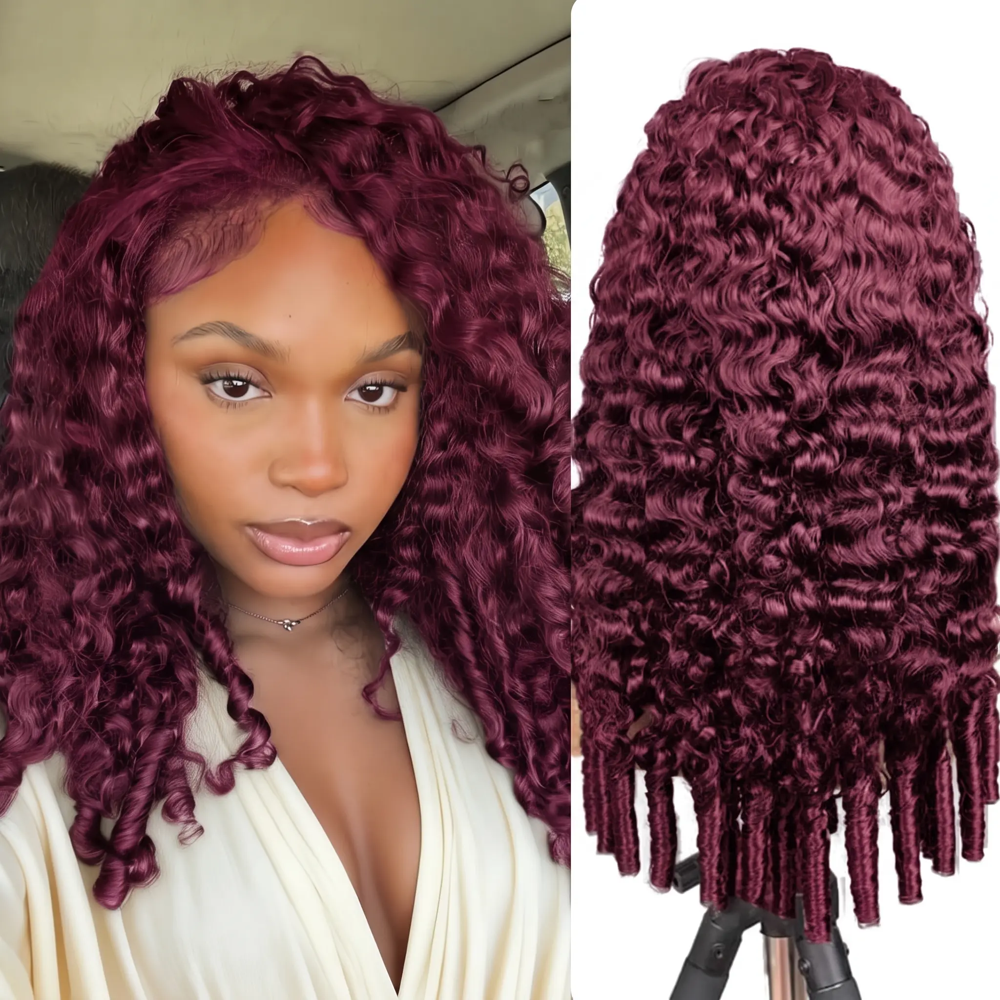Burmese Spiral Curly Half Wig 100% Human Hair 99J Burgundy Color 180% Density Wear and Go Glueless Drawstring Headband Wig, 18 Inch 3 in 1 Flip Over Style Beginner Friendly Wig for Black Women