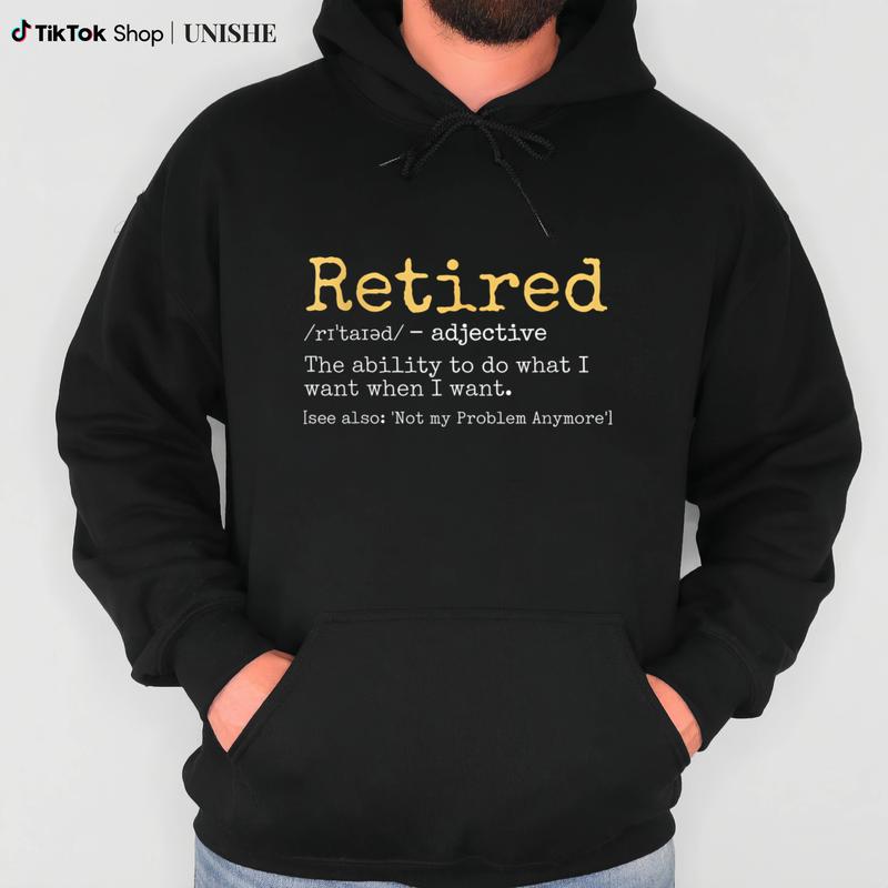 Casual Black Long Sleeve Hoodie with Vibrant Yellow "Retired" Printed Sleeves
