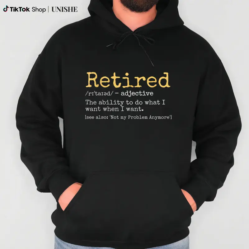 Casual Black Long Sleeve Hoodie with Vibrant Yellow "Retired" Printed Sleeves