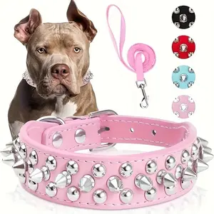 Soft Adjustable Pink PU Leather Spiked Studded Dog Collar for Small and Medium Dogs Comfort Touch Optional Red, Pink