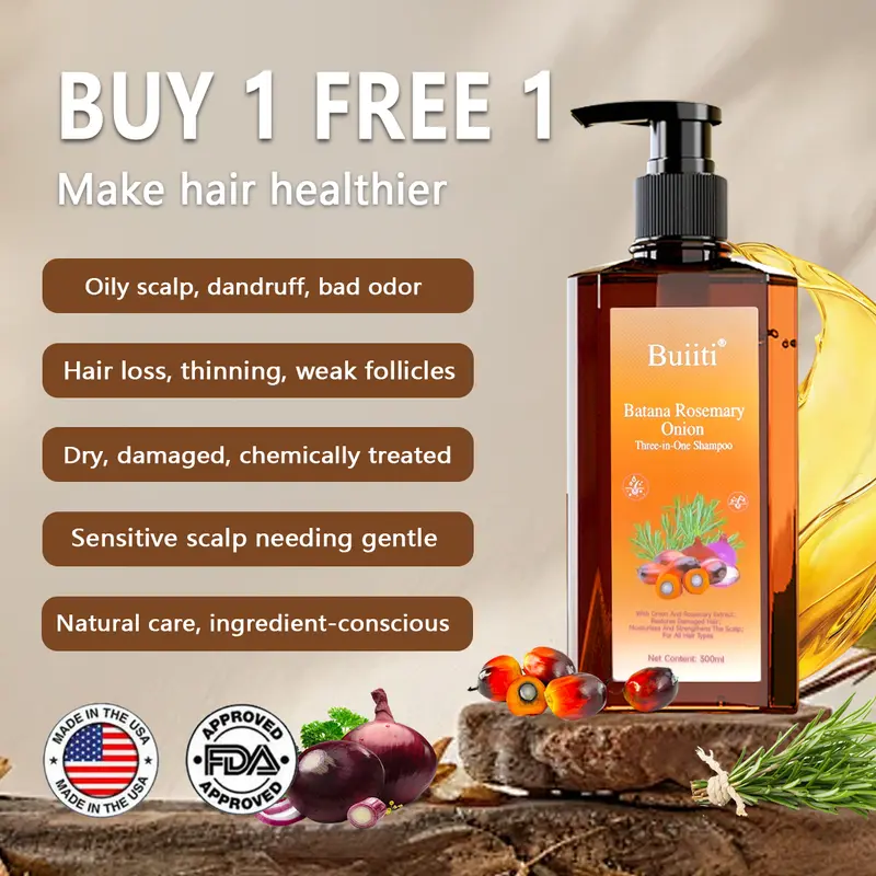 【Buy 1 Get 1 Free】Buiiti Batana Rosemary & Onion 3-in-1 Shampoo – For All Hair Types | Nourishes, Strengthens, and Promotes Natural Hair Growth | Thickening & Comforting Haircare-300ml