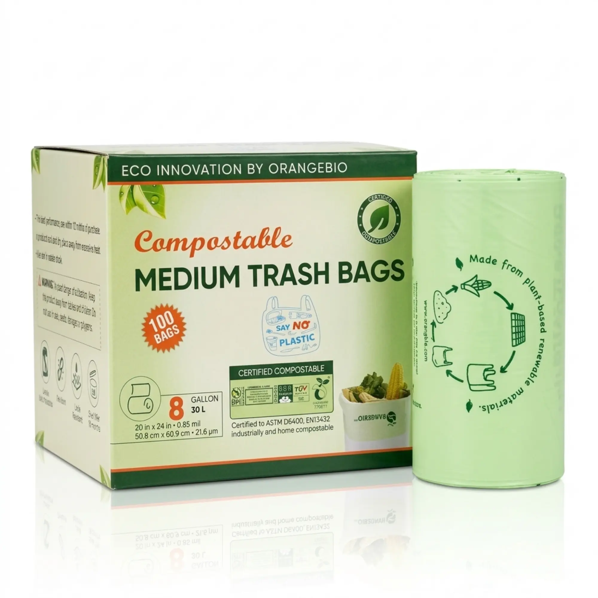 OrangeBio® 6~8 Gallon Compostable Trash Bags, 100 Count, BPI Certified, TÜV OK Compost HOME