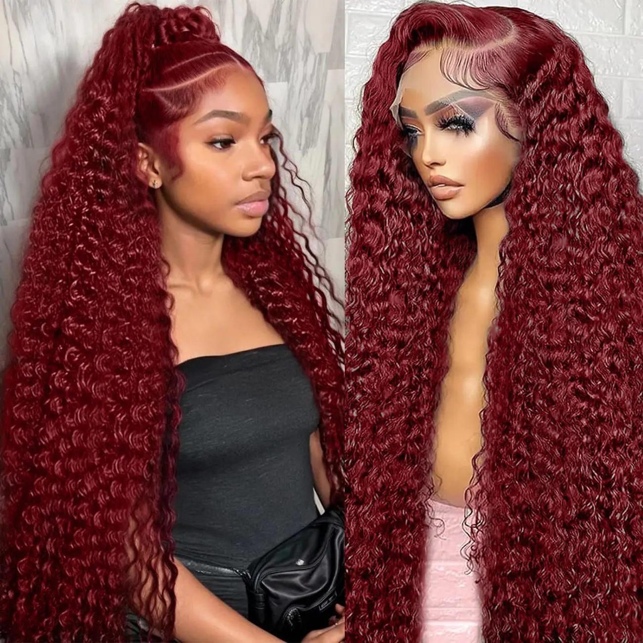 Burgundy Deep Wave Lace Front Wigs Human Hair 13x6 Wine Red 