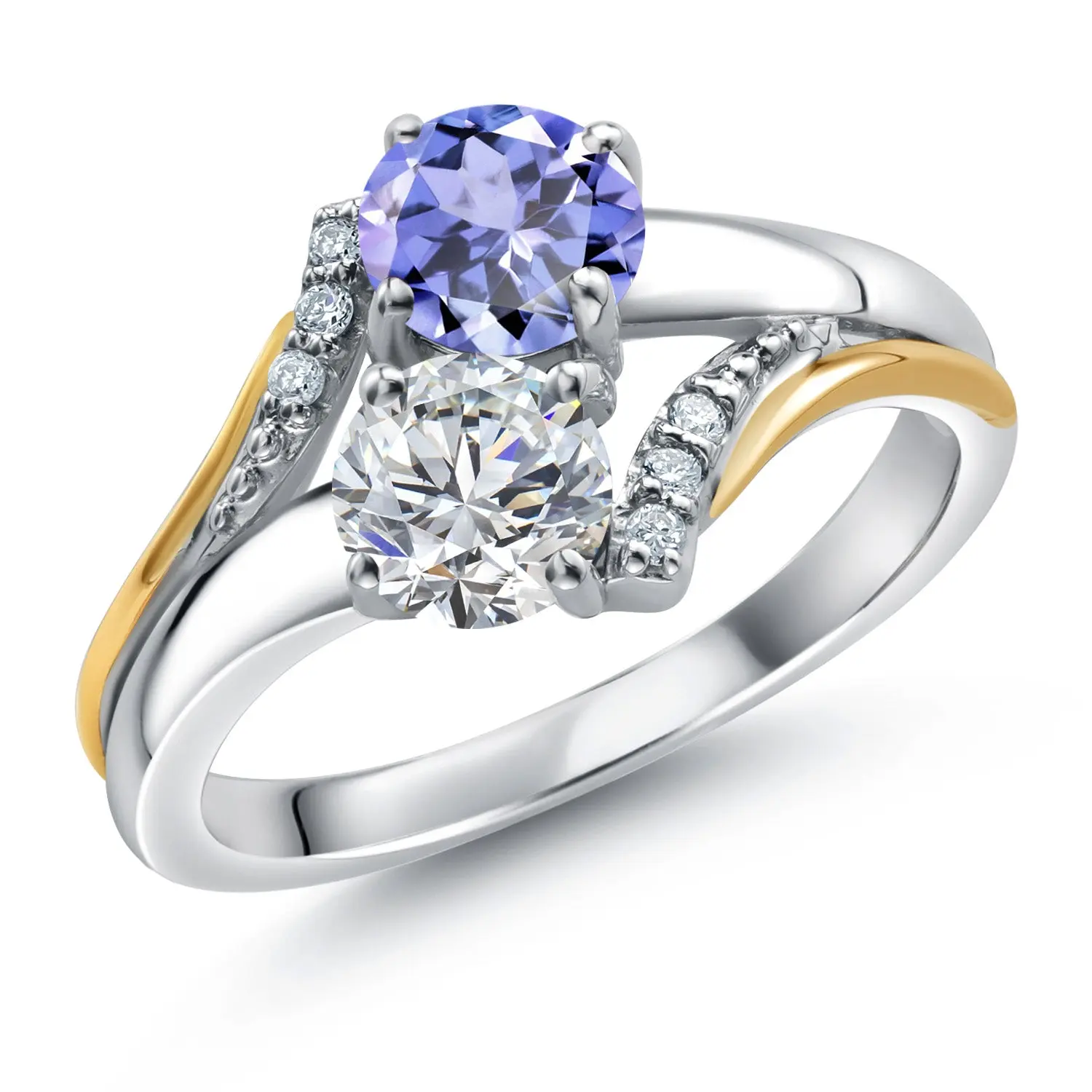 925 Silver and 10K Yellow Gold Lab Grown Diamond and Blue Tanzanite Engagement Ring For Women | 1.00 Cttw | Round 5MM | Gemstone April Birthstone