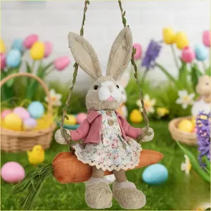 13.8 Inch Easter Bunny Hanging Figurine Carrot Swing Woven Straw Rabbit Spring Home Indoor Outdoor Decor Garden Decorations