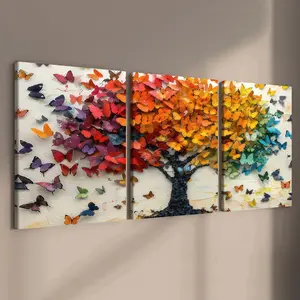 3-Piece Wood Frame Canvas Art, Rainbow Butterfly Life Tree Trio Decor, Modern Living Room Wall Art, Waterproof, Gift Idea
