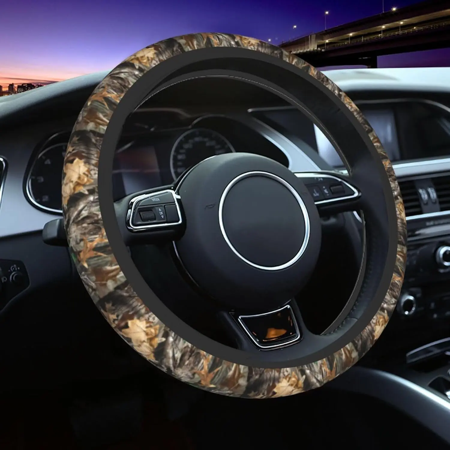 Forest Camo Steering Wheel Cover Camo Leaf Steering Wheel Cover for Men Women Anti-Slip Elastic Breathable Neoprene Steering Wheel Protective Cover 15in Universal  Accessories for , Auto, SUVs