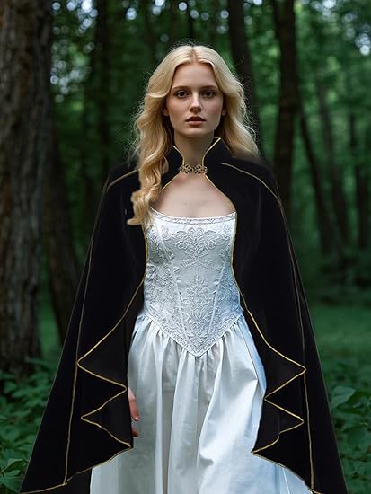 Women's Medieval Cloak Stand Collar Deluxe Velvet Gold Trim Renaissance Cape for Adult Women's Medieval Cloak Stand Collar Deluxe Velvet Gold Trim Renaissance Cape for Adult
