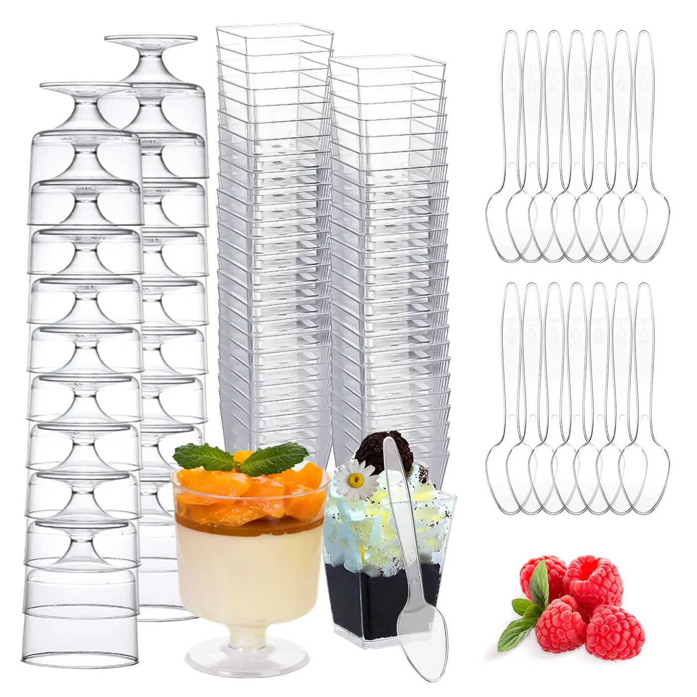 150Packs 5OZ Dessert Cups with Spoons 100 Packs Of 5Oz Plastic Dessert Cups(square), 50 Plastic Goblets(round), 150 Plastic Spoons Small Reusable Fruit Ice Cream Pudding Appetizer Cup Bowls For Parties