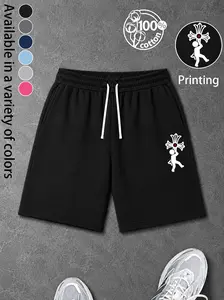 Unisex Y2K street-style 100% cotton athletic shorts featuring a cross print; casual loose sweat shorts with an elastic waistband and drawstring design for summer workouts. Hip-hop style—perfect for home lounging, sports, and trendy outfit combinations.